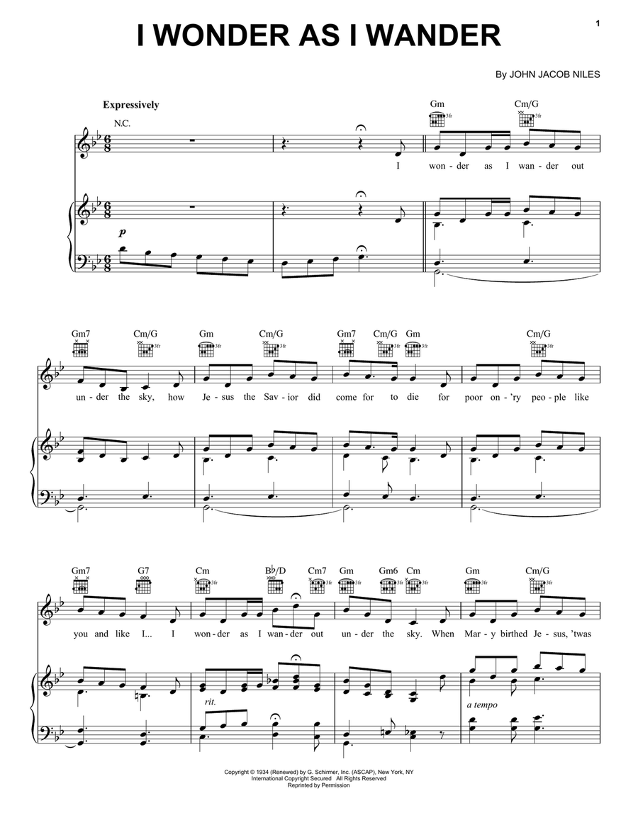 I Wonder As I Wander Piano, Vocal, Guitar scores gallery preview page 1