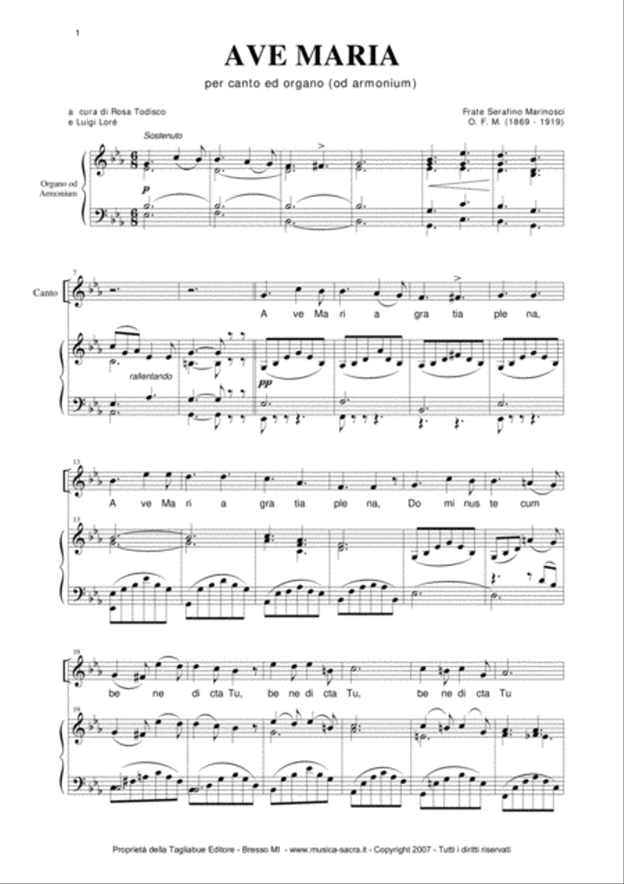 AVE MARIA - For Tenor and. Organ - Music by Padre Serafino Marinosci Voice scores gallery preview page 1