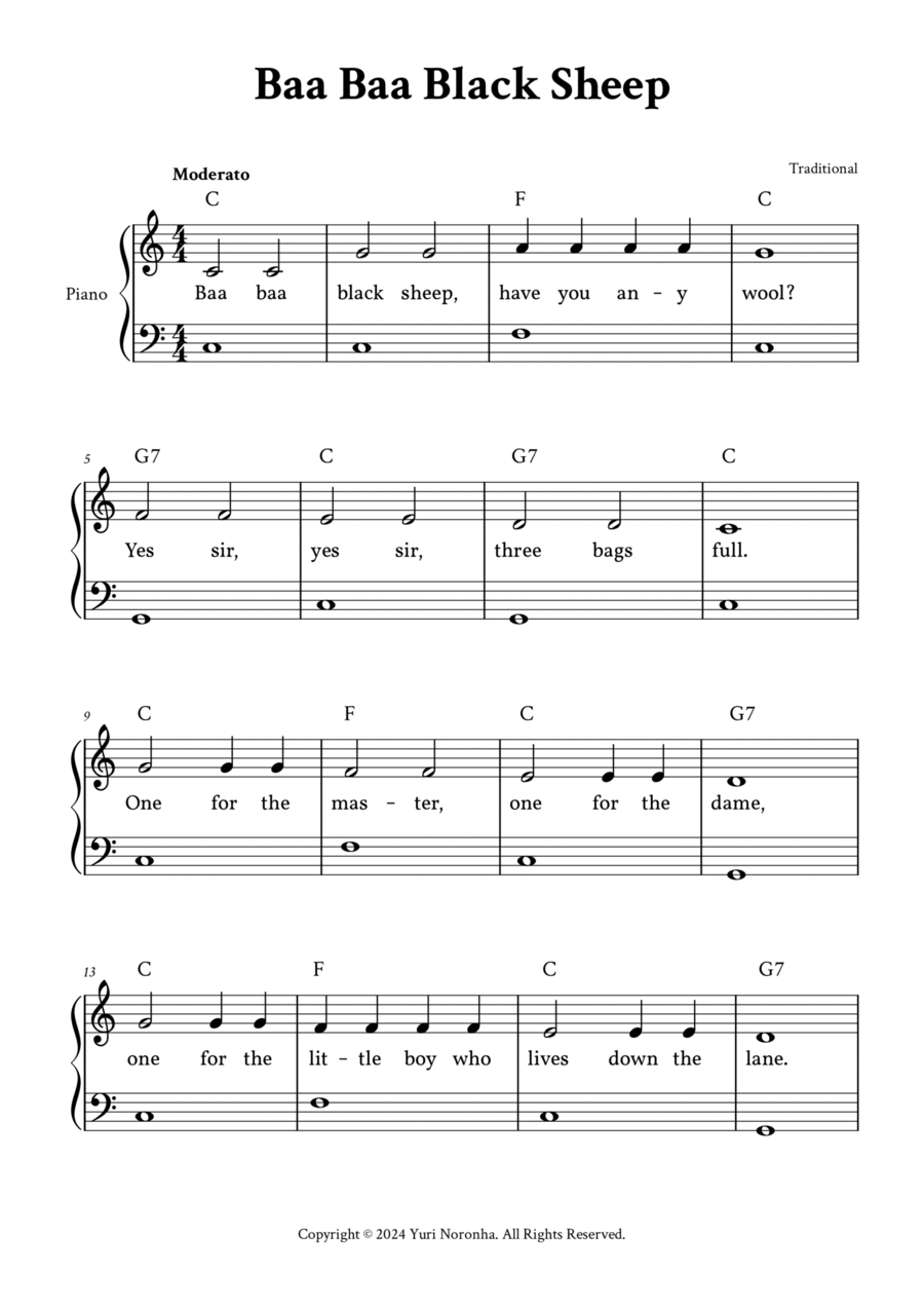 Baa Baa Black Sheep - Easy Piano in C (with Chords, Lyrics) Easy Piano scores gallery preview page 1