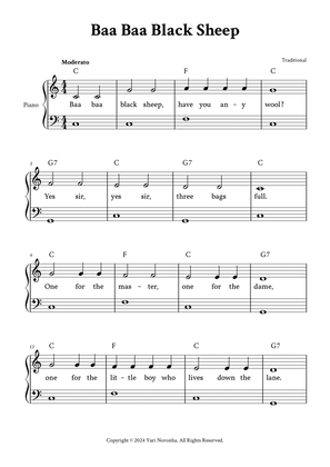 Baa Baa Black Sheep - Easy Piano in C (with Chords, Lyrics)