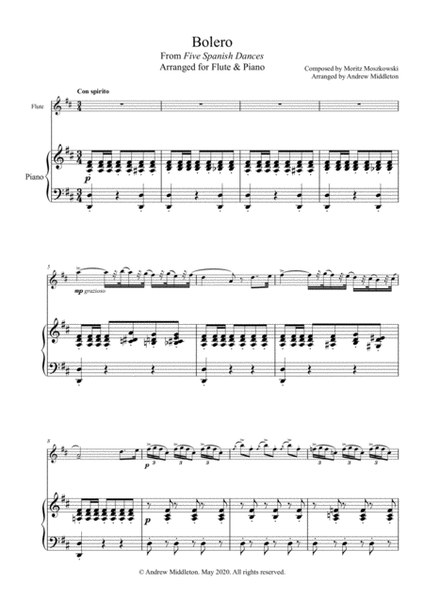 Bolero from Five Spanish Dances arranged for Flute and Piano image number null