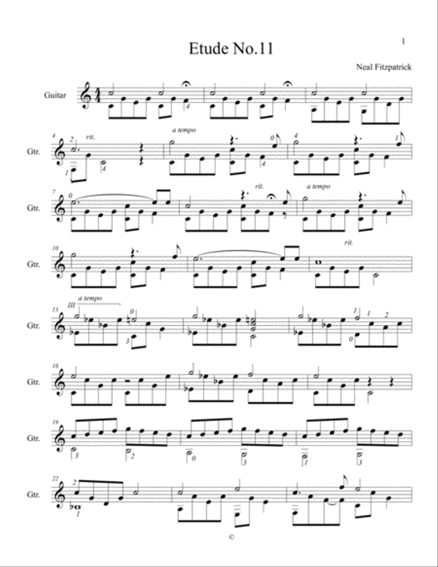 Etude No.11 For Guitar by Neal Fitzpatrick-Standard Notation Classical Guitar scores gallery preview page 1