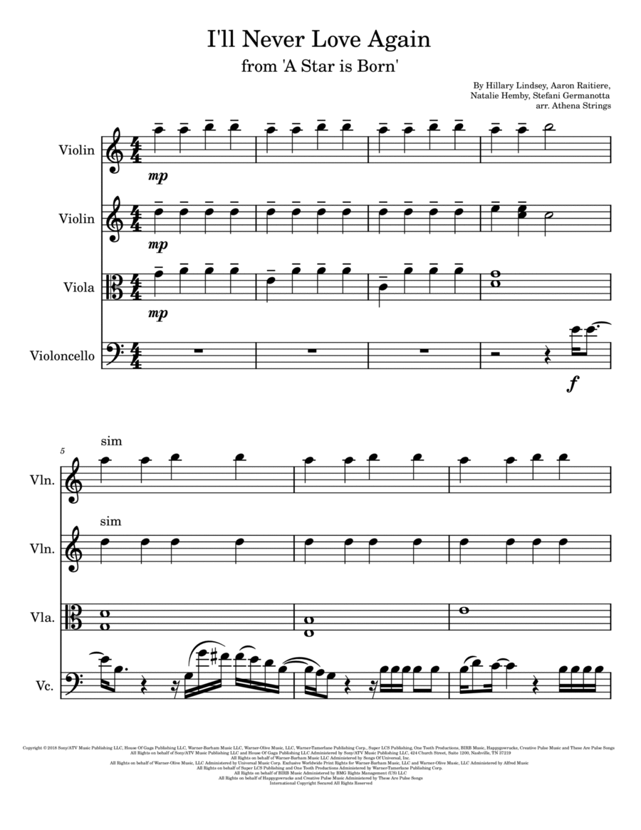 I'll Never Love Again String Quartet scores gallery preview page 1