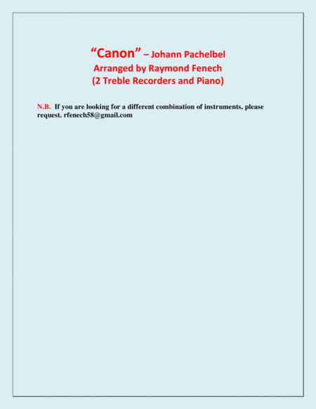 Canon - Johann Pachelbel - 2 Treble Recorders and Piano - Intermediate/Advanced Intermediate level image number null
