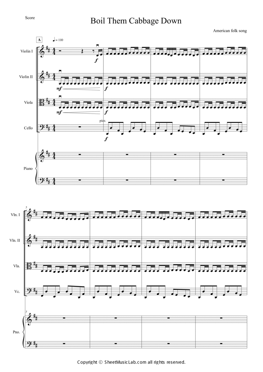 Boil Them Cabbage Down Piano Quintet scores gallery preview page 1