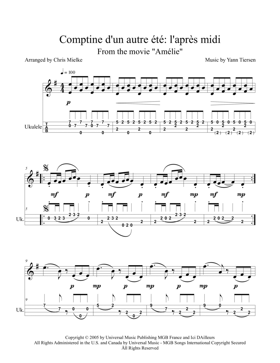 Comptine D'un Autre Été: L'après-midi Ukulele scores gallery preview page 1