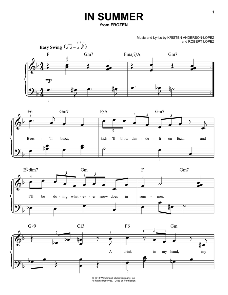 In Summer (from Frozen) In Summer (from Frozen) Easy Piano scores gallery preview page 1