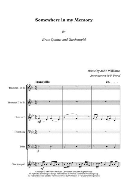 John Williams - "Somewhere In My Memory" from the Motion Picture "Home Alone" for Brass Quintet and Glockenspiel image number null