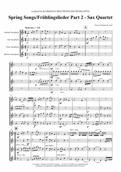 Spring Songs - Frühlingslieder - Part 2 - German Folk Songs - Saxophone Quartet image number null