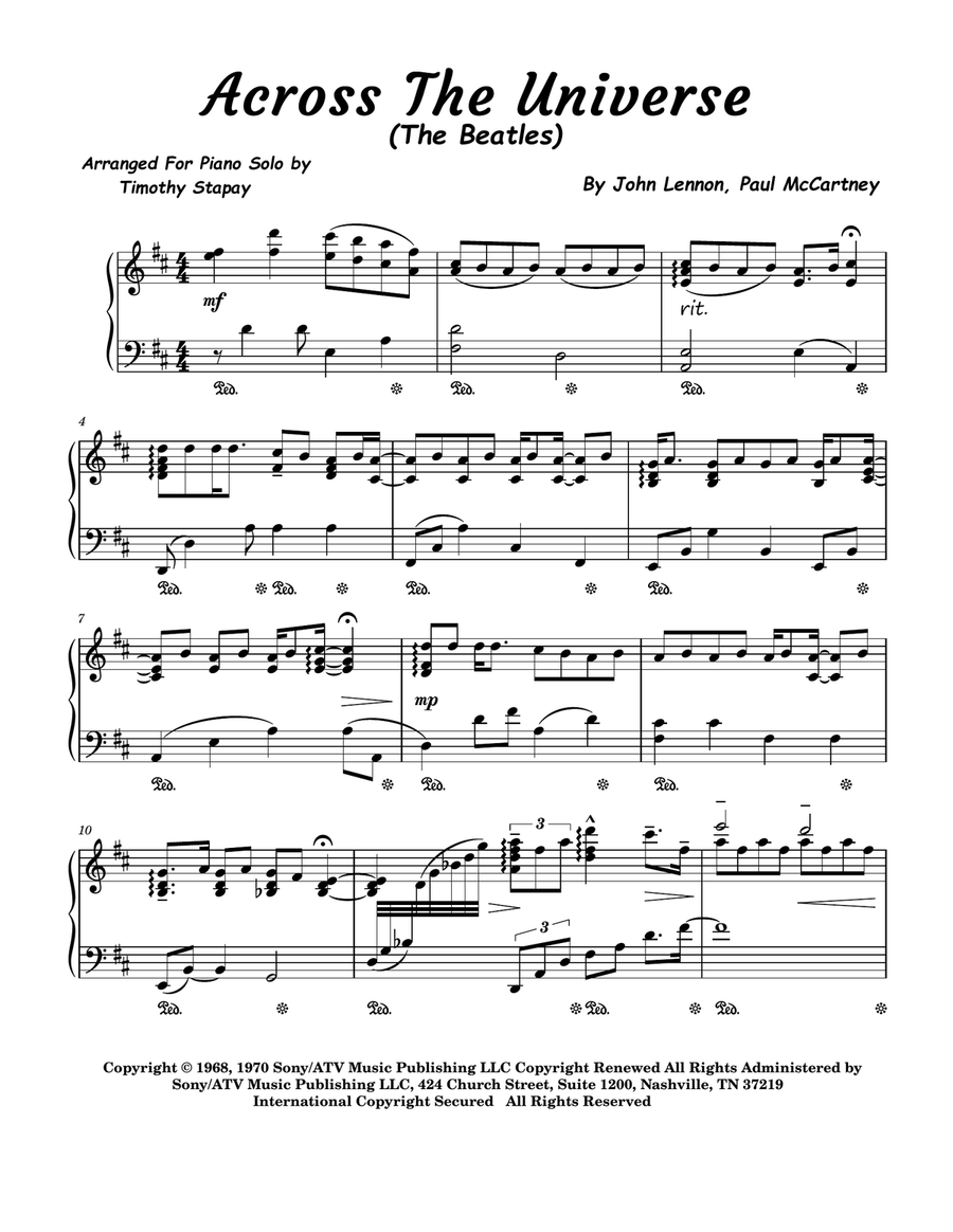 Across The Universe Piano Solo scores gallery preview page 1