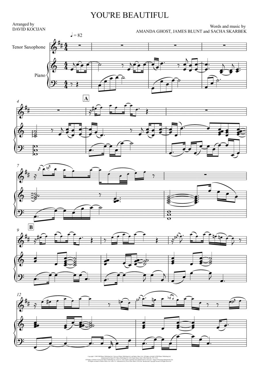 You're Beautiful Tenor Saxophone scores gallery preview page 1