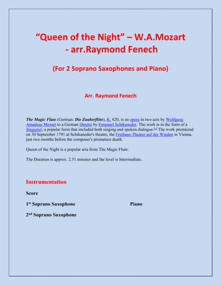 Queen of the Night - From the Magic Flute - 2 Soprano Saxophones and Piano image number null