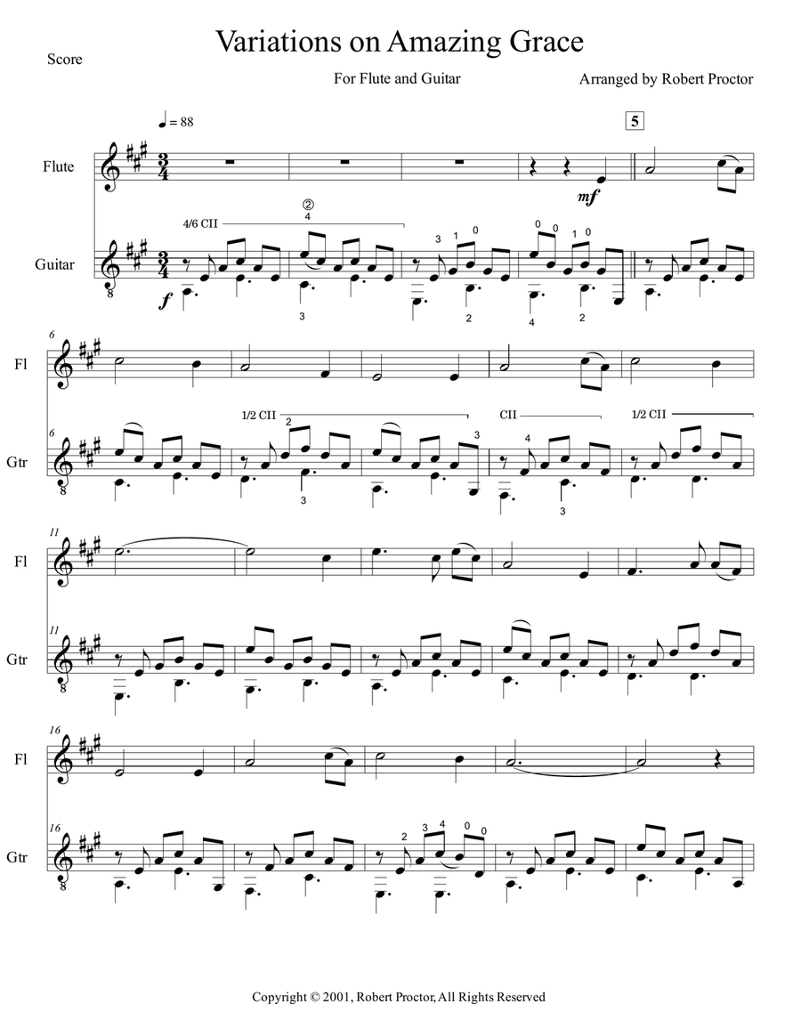 Variations on Amazing Grace for Flute and Guitar Small Ensemble scores gallery preview page 1