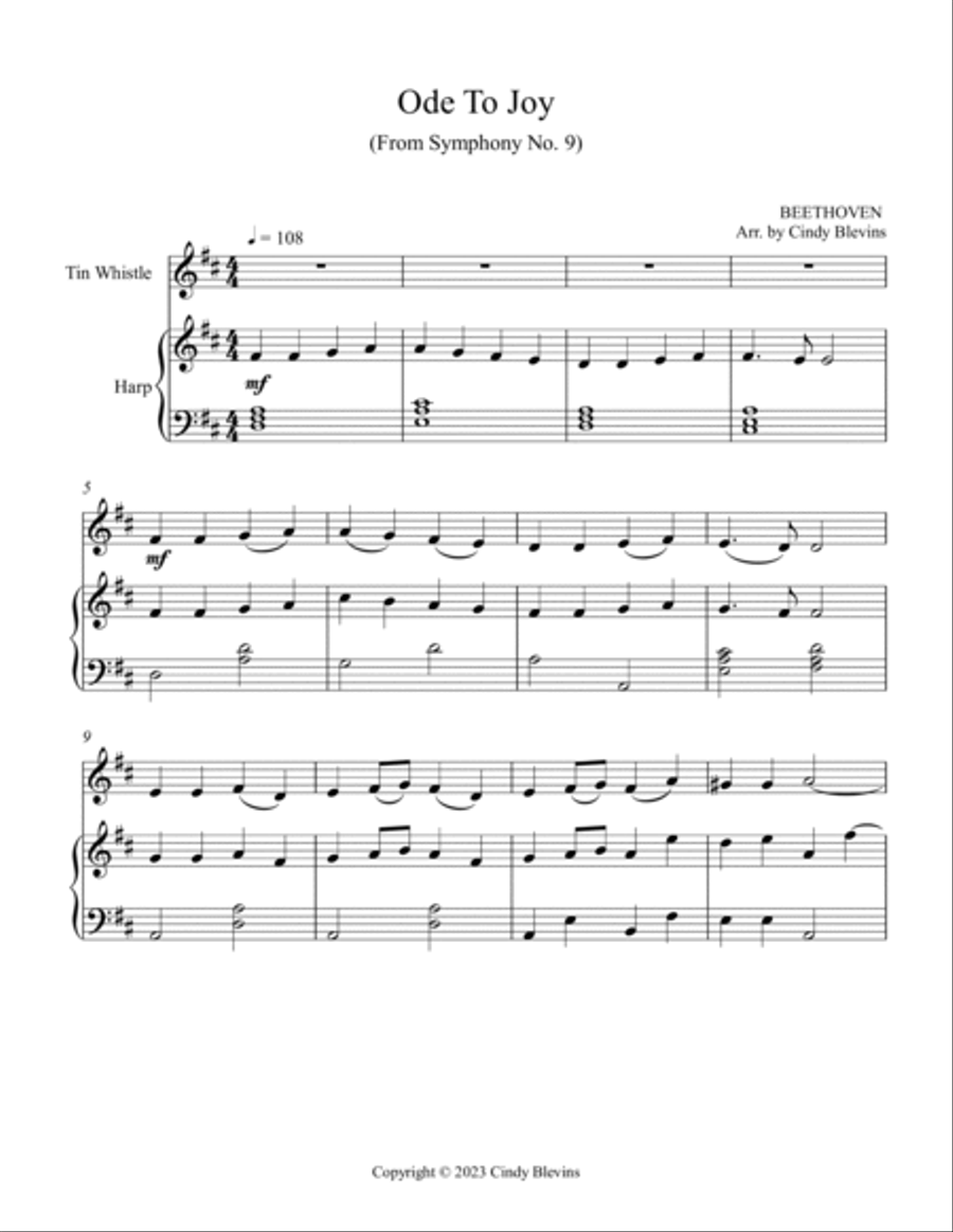 Ode To Joy, Harp and Tin Whistle (D) Harp scores gallery preview page 3
