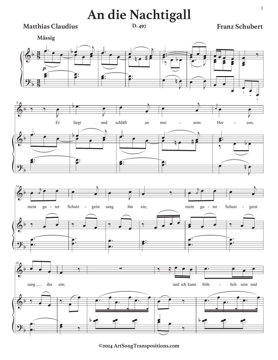 SCHUBERT: An die Nachtigall, D. 497 (transposed to F major) Voice scores gallery preview page 2