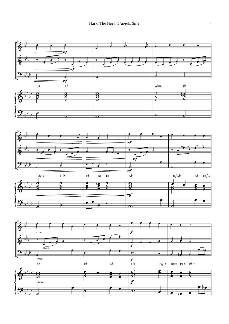 Hark! The Herald Angels Sing Trio Arrangement | Christmas Carol Sheet Music Brass Trio scores gallery preview page 3