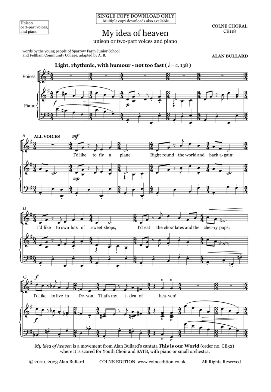 My idea of heaven (unison or two-part voices - single download) Unison Choir scores gallery preview page 3