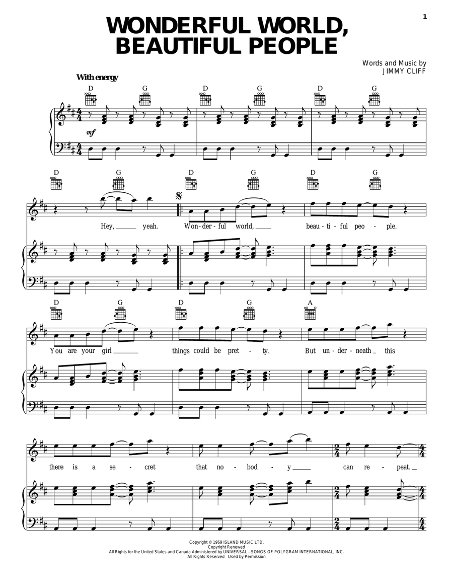 Wonderful World, Beautiful People Piano, Vocal, Guitar scores gallery preview page 1