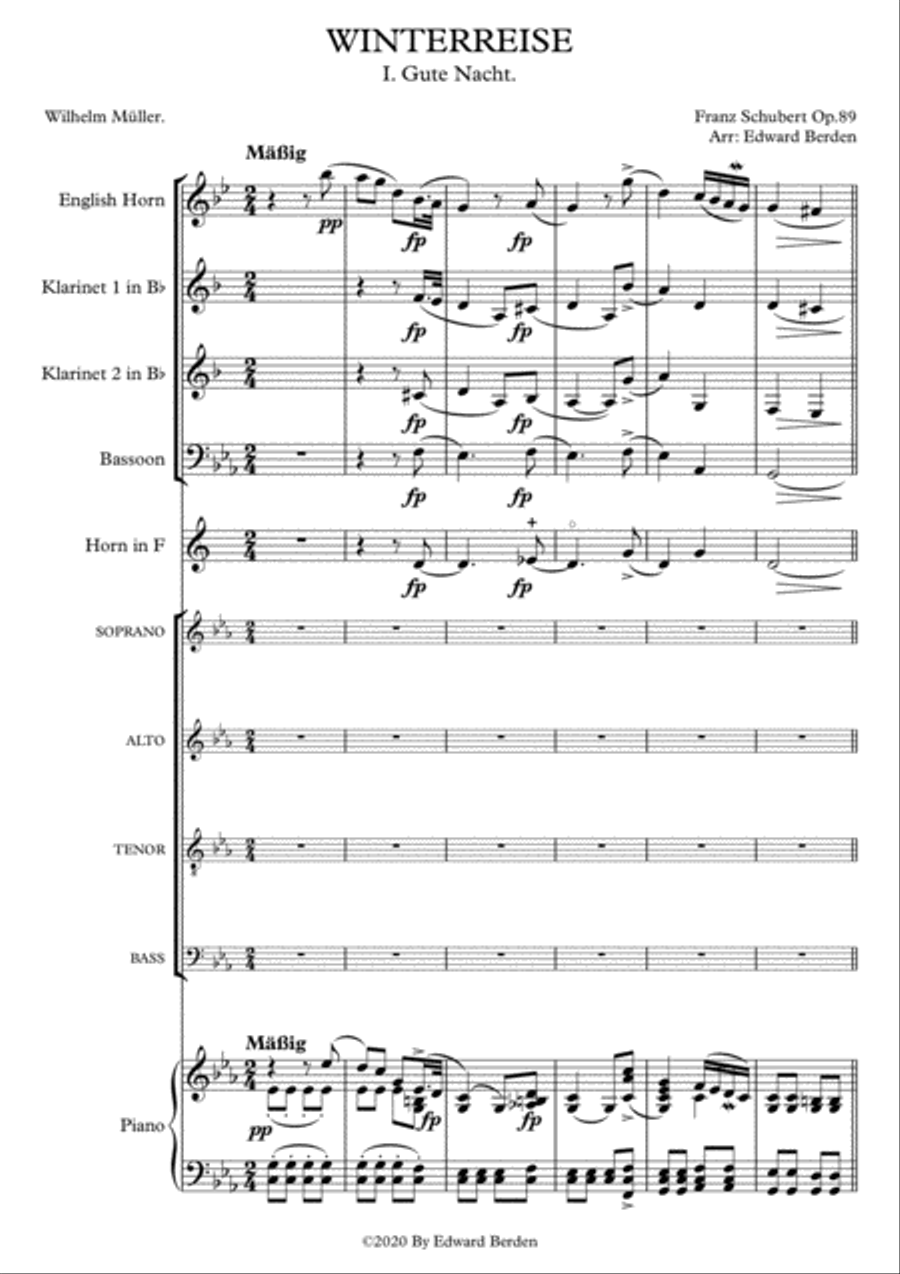 Schubert, Gute Nacht from Winterreise. Arranged for SATB and Piano with Wind-Instruments ad lib. Sco 4-Part scores gallery preview page 3