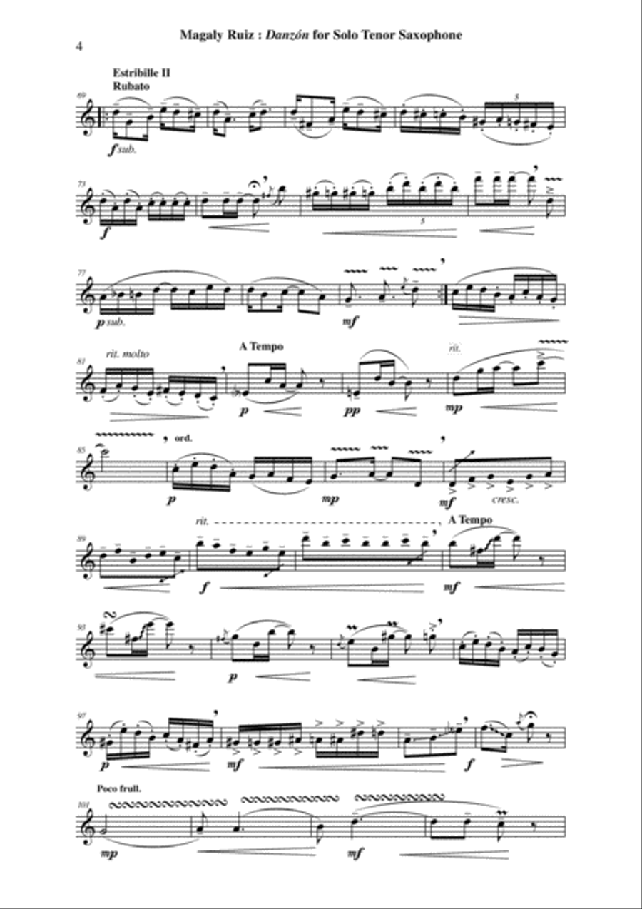 Magaly Ruiz: Danzón for solo tenor saxophone Tenor Saxophone scores gallery preview page 4