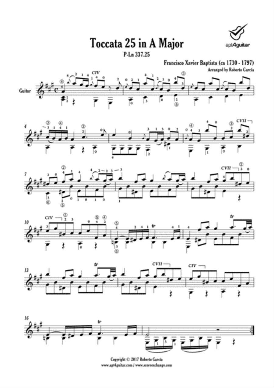 Toccata 25 in A Major Classical Guitar scores gallery preview page 2