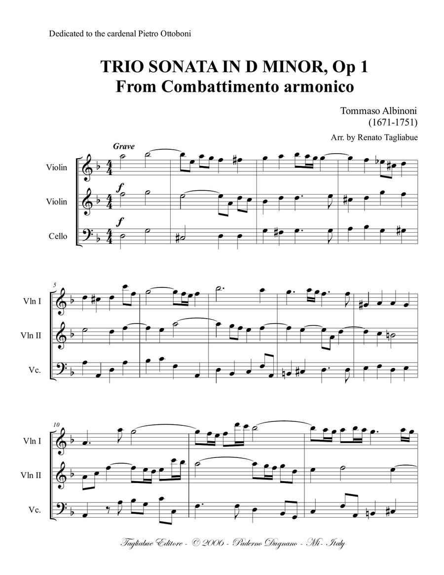 Albinoni -TRIO SONATA No. 1 in D minor op. 1 (From Combattimenti Armonici) String Trio scores gallery preview page 1