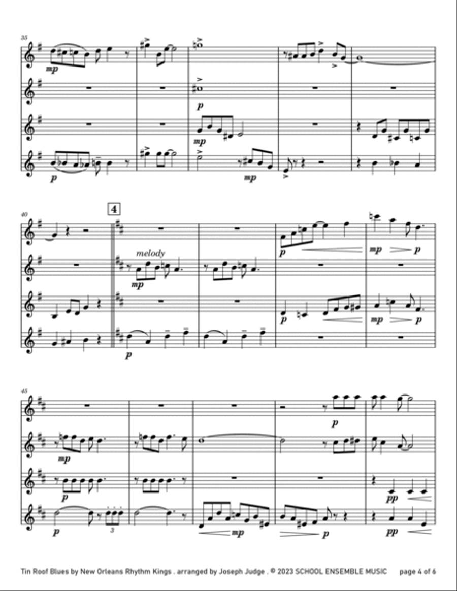 Tin Roof Blues by The Kings for Clarinet Quartet in Schools Clarinet Quartet scores gallery preview page 4