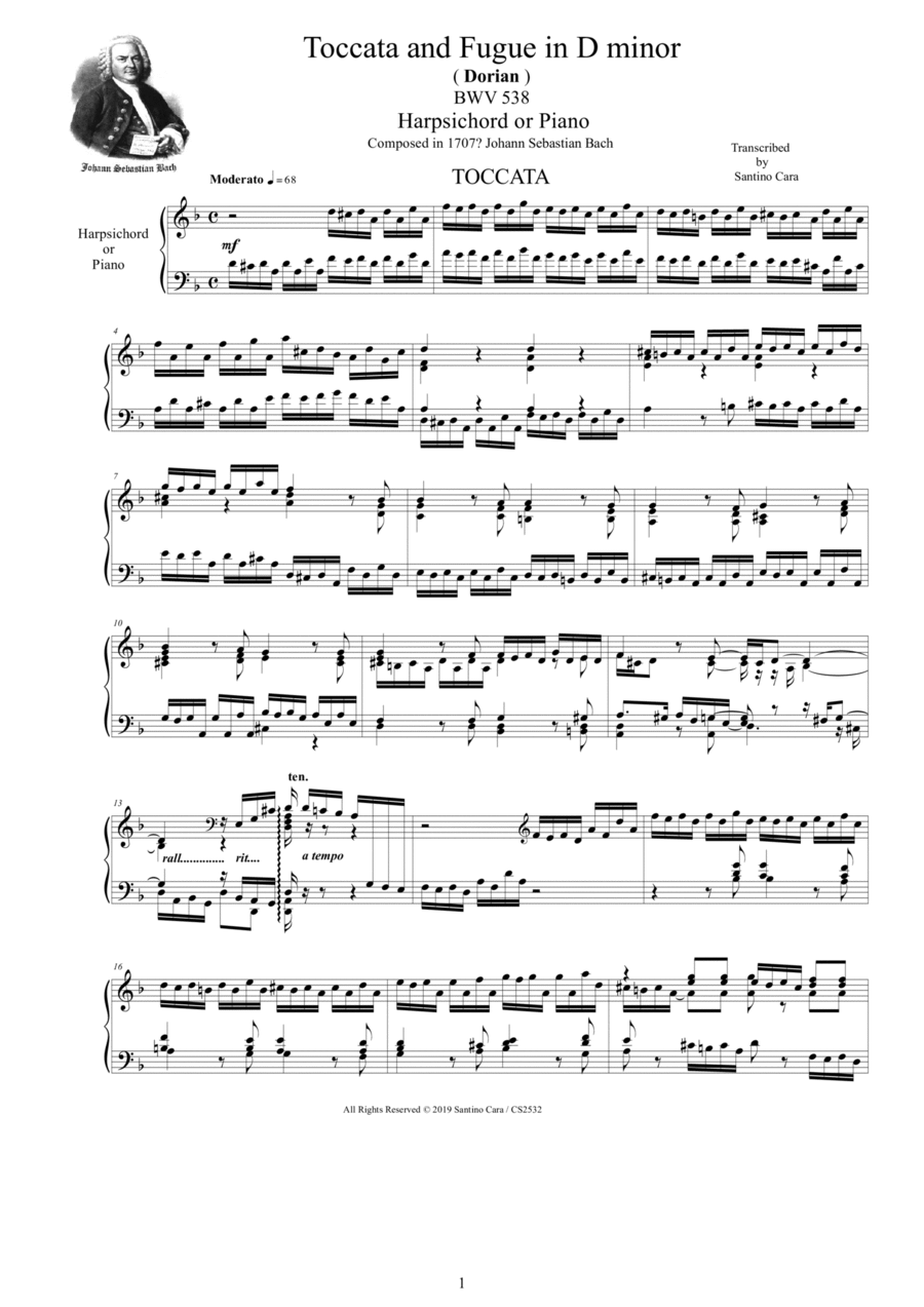 Bach - Toccata and Fugue in D minor (Dorian) BWV538 for Harpsichord (or Piano) Harpsichord scores gallery preview page 1