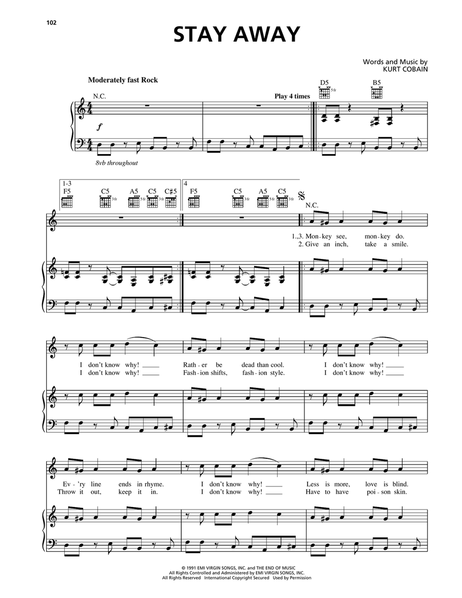 Stay Away Piano, Vocal, Guitar scores gallery preview page 1