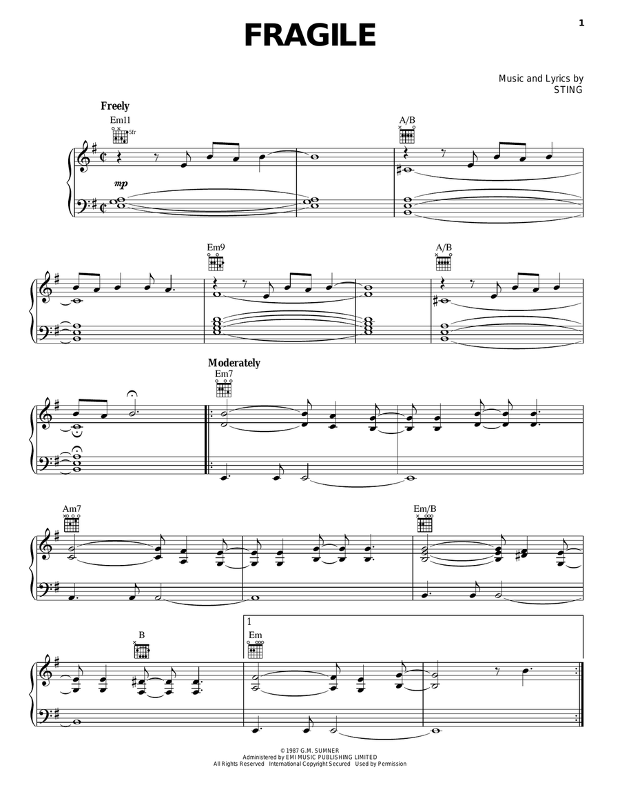Fragile Piano, Vocal, Guitar scores gallery preview page 1