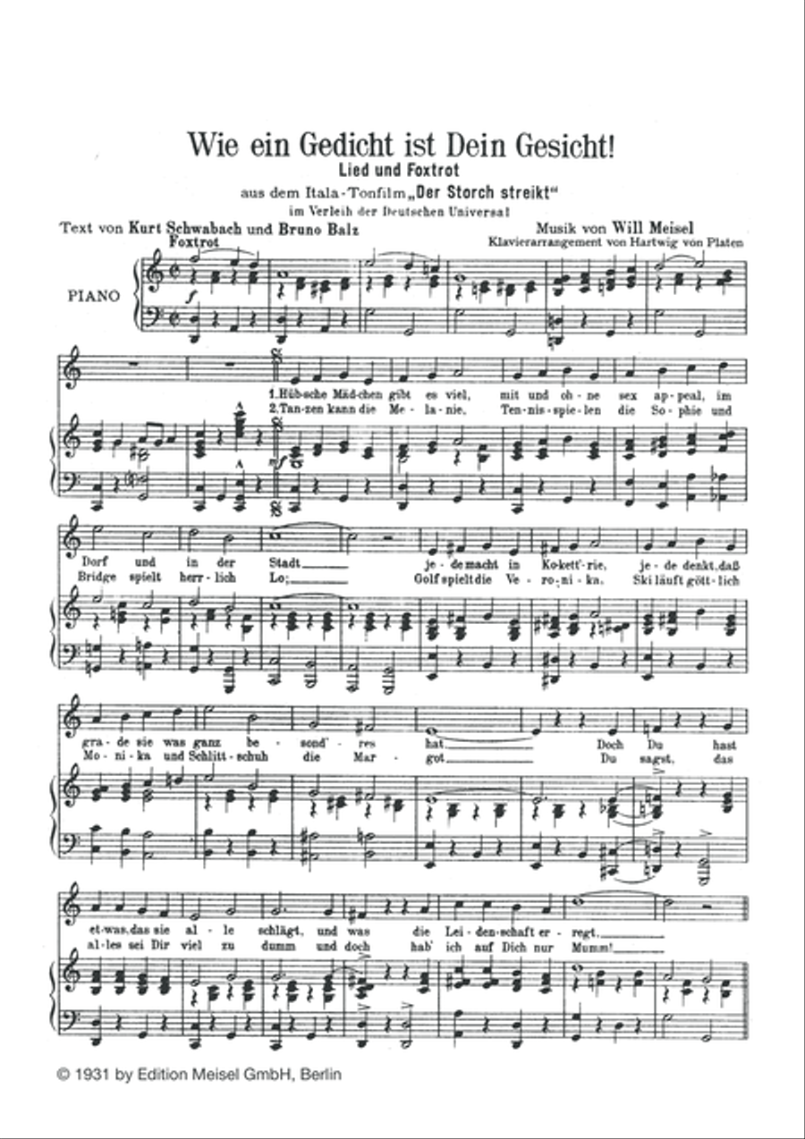 Wie ein Gedicht ist Dein Gesicht Piano, Vocal scores gallery preview page 2