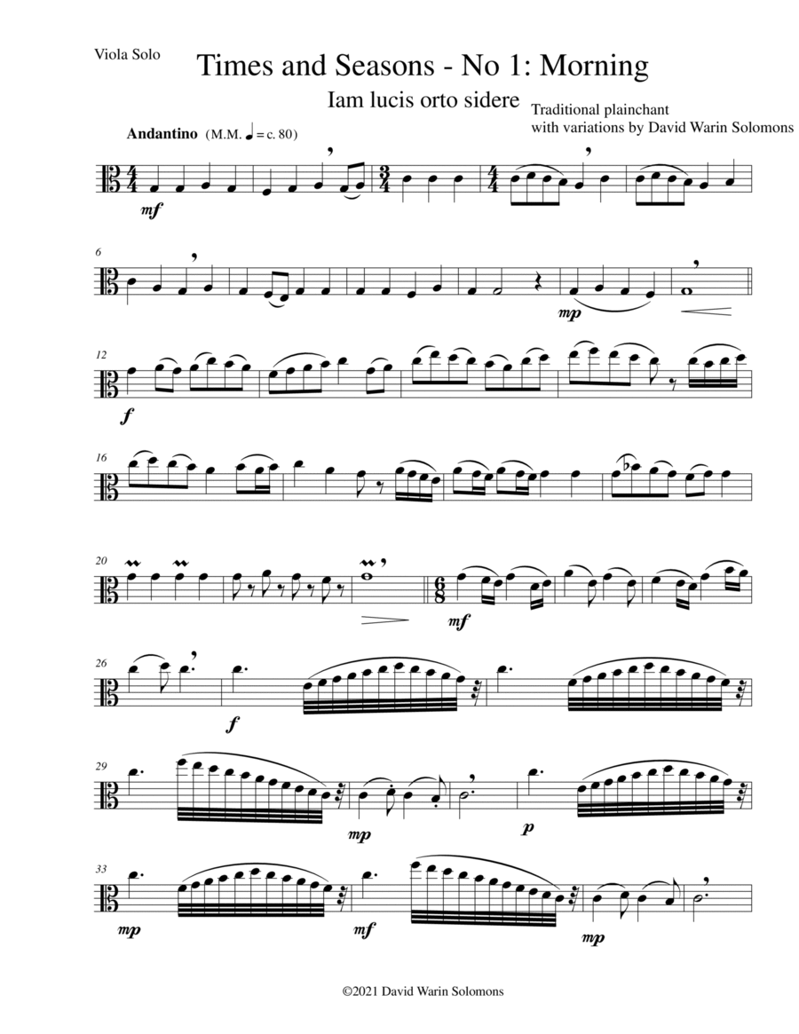 Times and Seasons for viola solo No 1: Morning Viola Solo scores gallery preview page 1