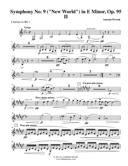 Dvorak Symphony No. 9, New World, Movement II - Clarinet in Bb 1 (Transposed Part), Op.95