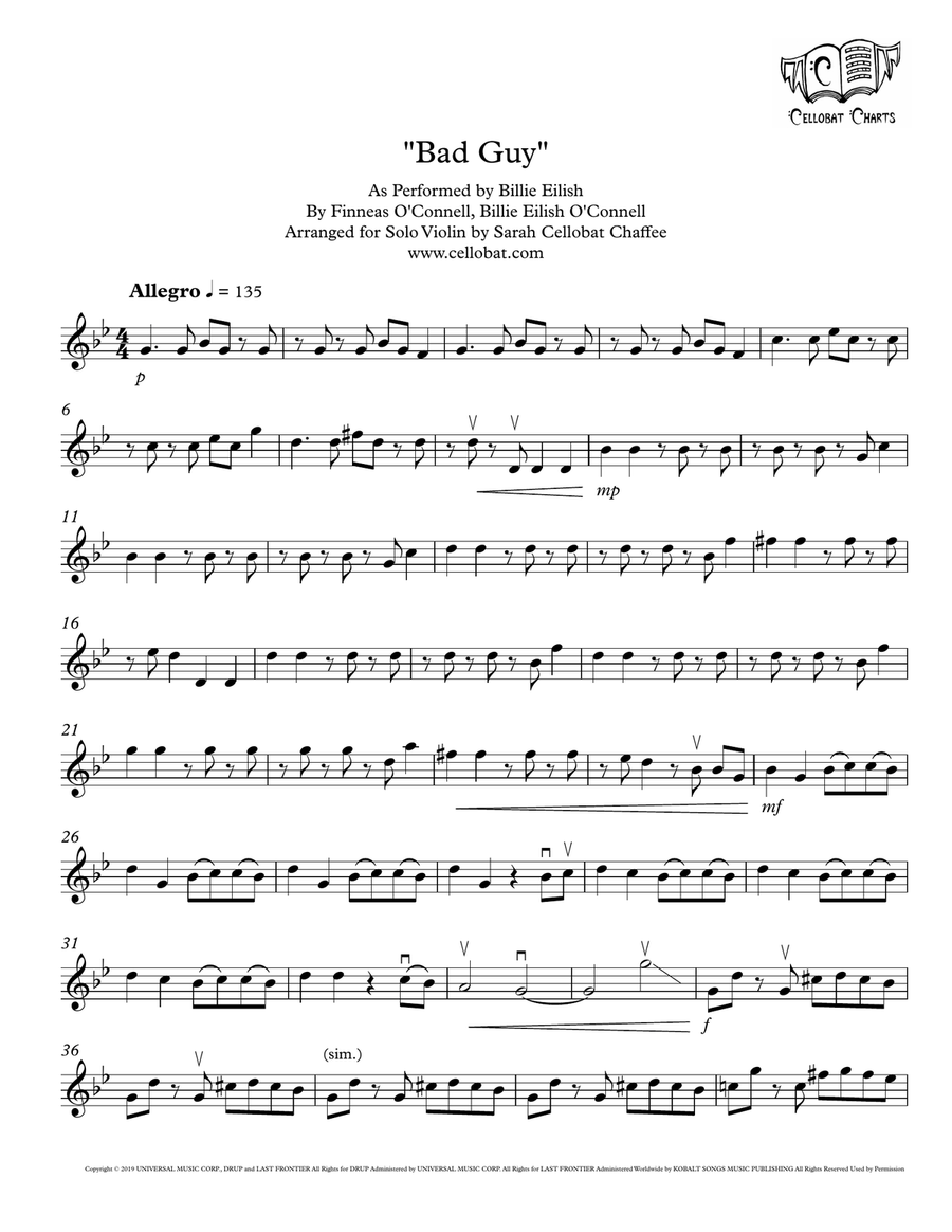 Bad Guy by Billie Eilish Violin Solo - Digital Sheet Music