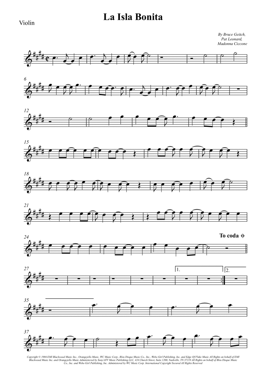 La Isla Bonita Violin Solo scores gallery preview page 1