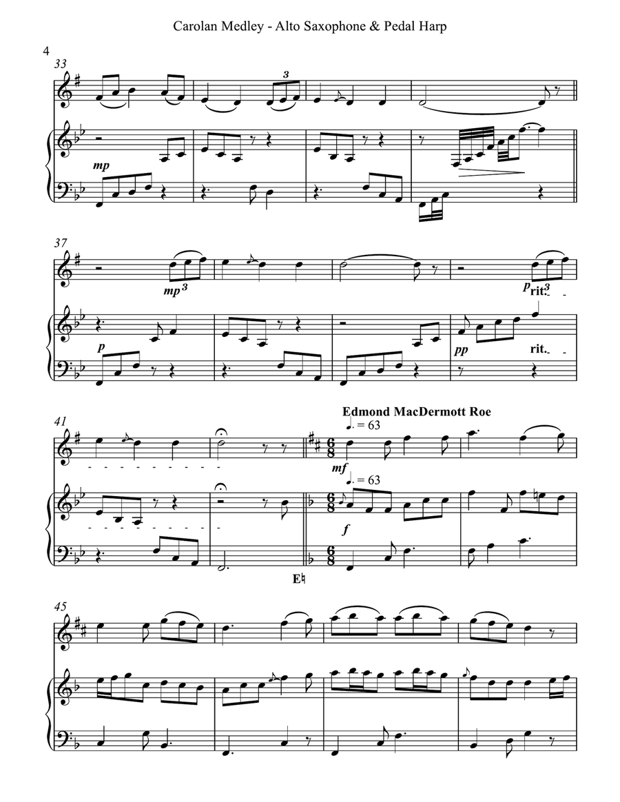 Carolan Medley, Duet for Eb Alto Saxophone & Pedal Harp Alto Saxophone scores gallery preview page 4