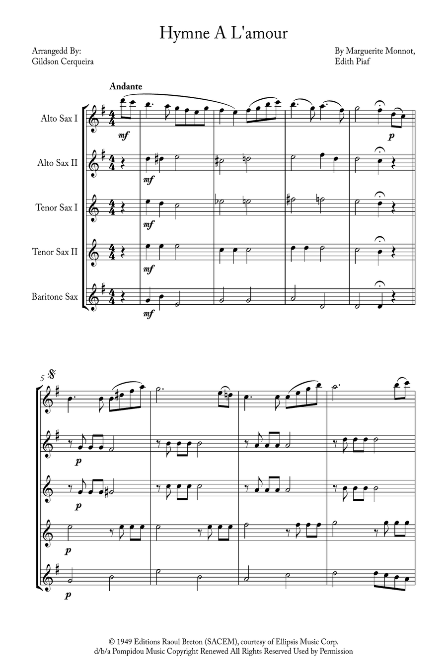 Hymne A L'amour Saxophone Quintet scores gallery preview page 1