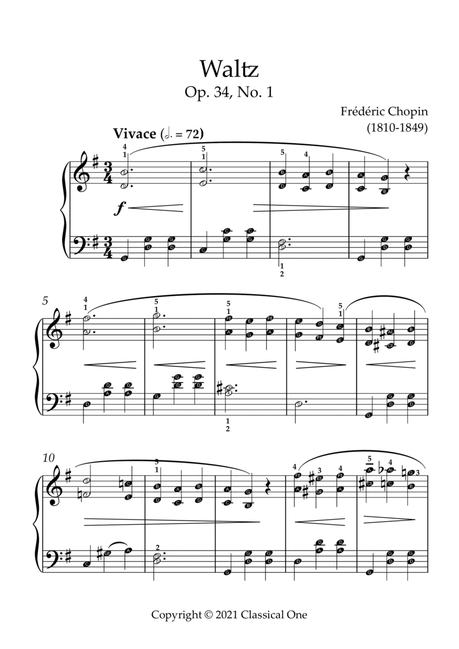 Chopin - Waltz op.34, no.1(With Note name) Easy Piano scores gallery preview page 1