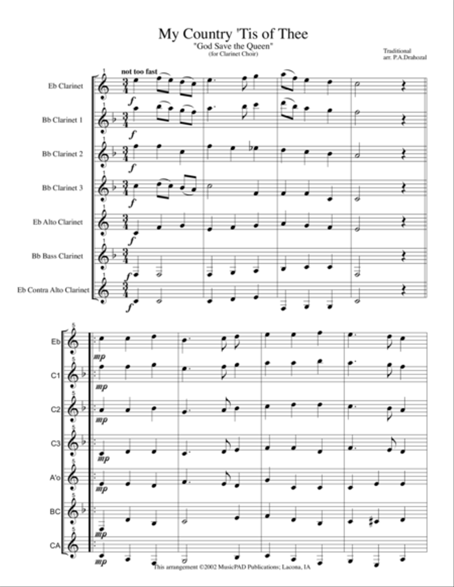 My Country 'Tis of Thee (God Save the Queen) for Clarinet Choir Clarinet Choir scores gallery preview page 1