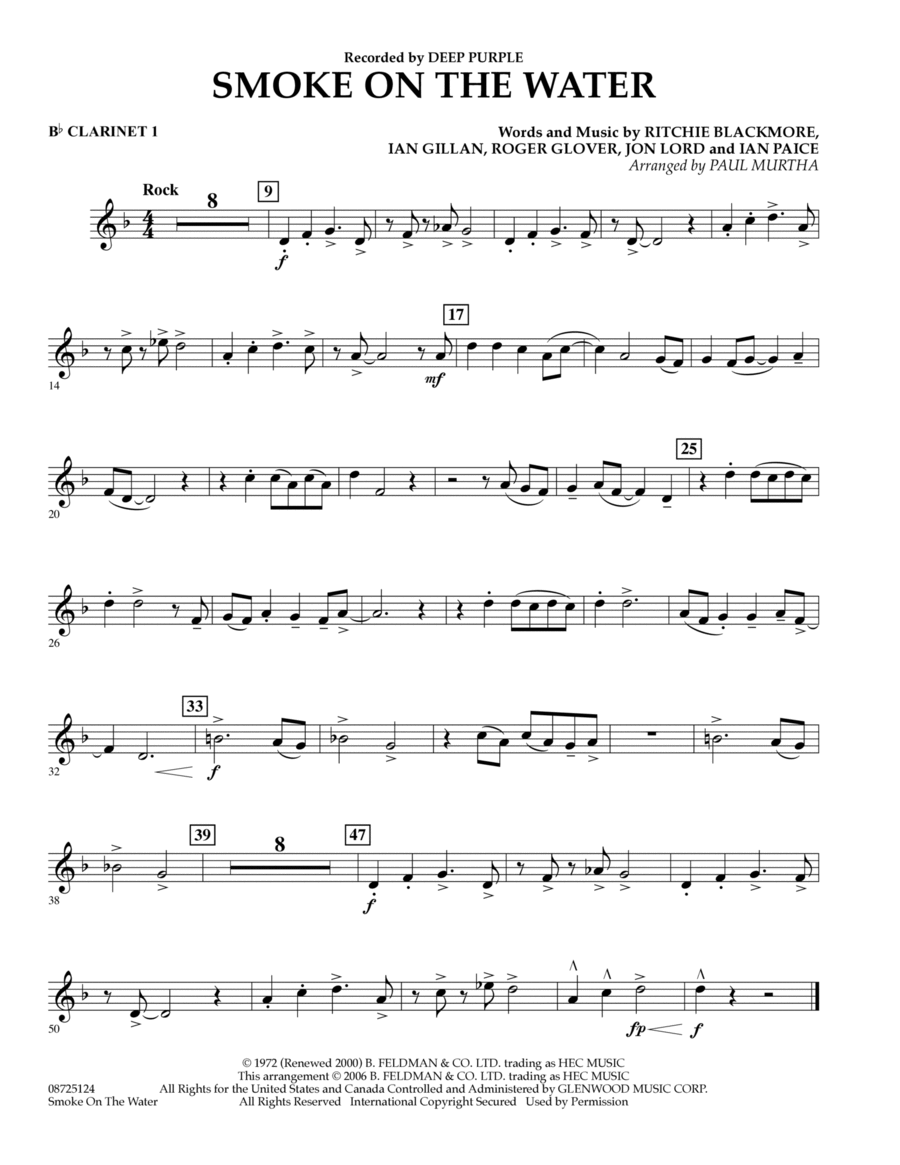 Smoke on the Water - Bb Clarinet 1 B-Flat Clarinet scores gallery preview page 1