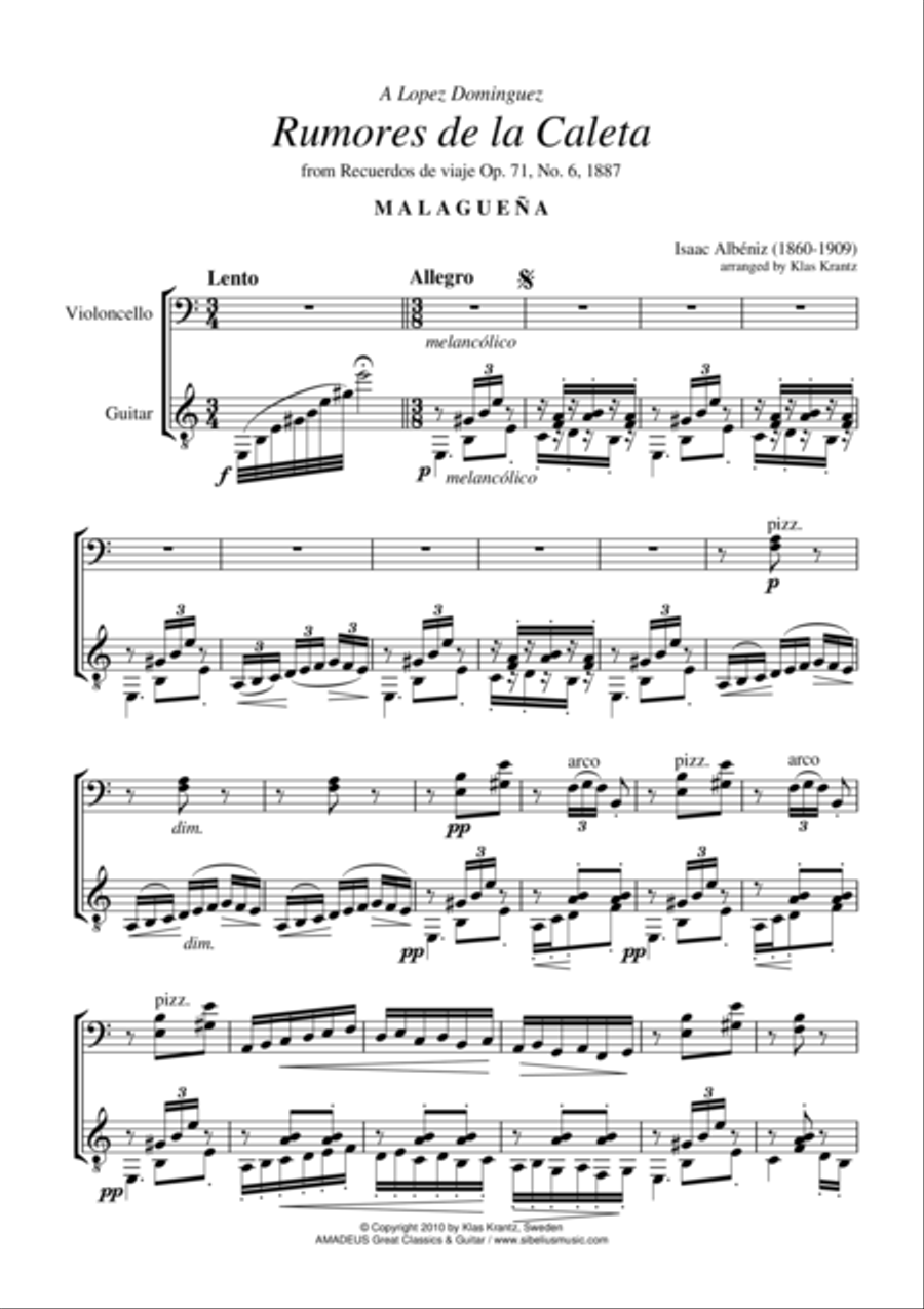 Rumores de la Caleta Op. 71 No. 6 for cello and guitar String Duet scores gallery preview page 1