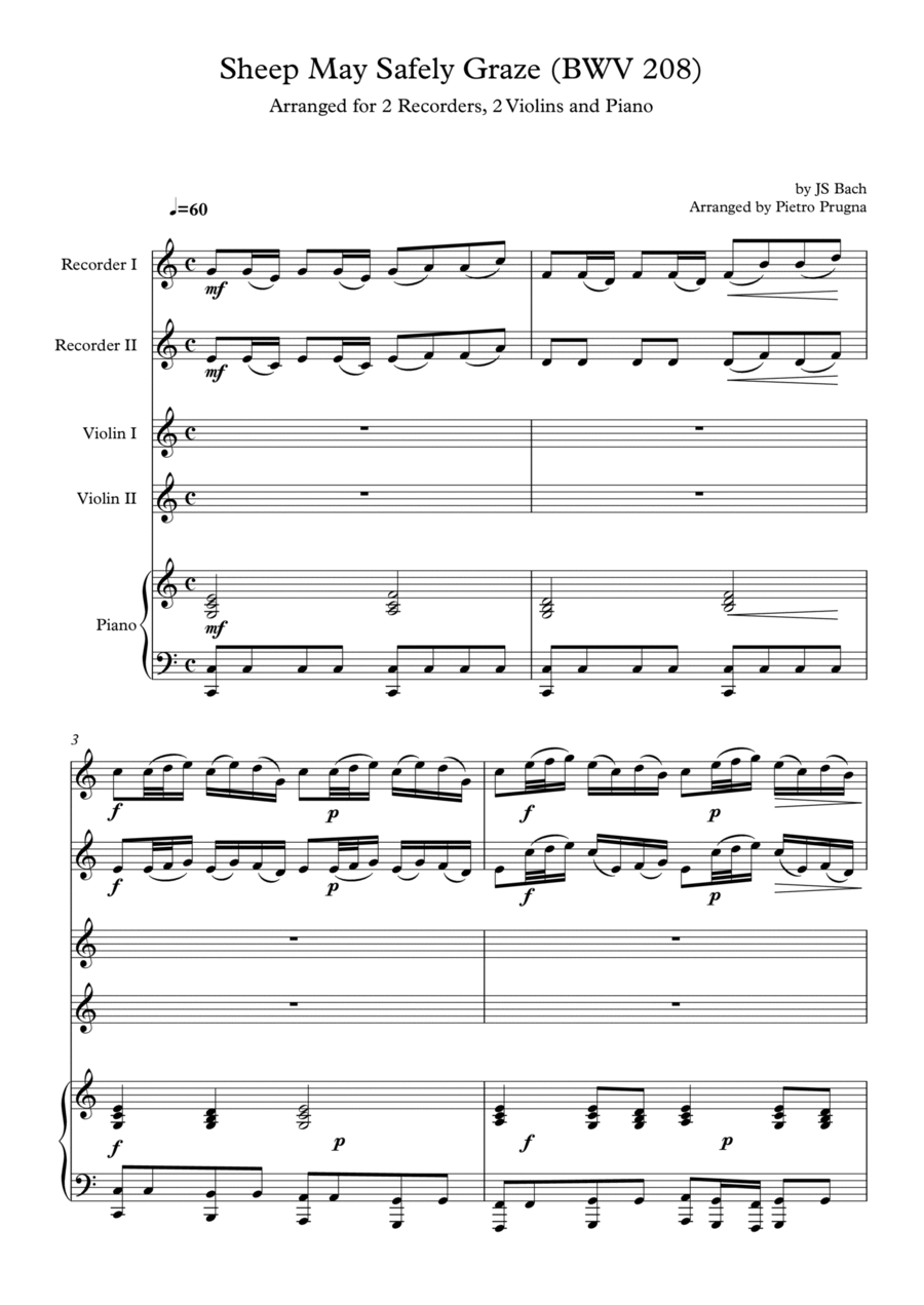 Book cover for Sheep May Safely Graze (BWV 208) by JS Bach - arranged for 2 Recorders, 2 Violins and Piano