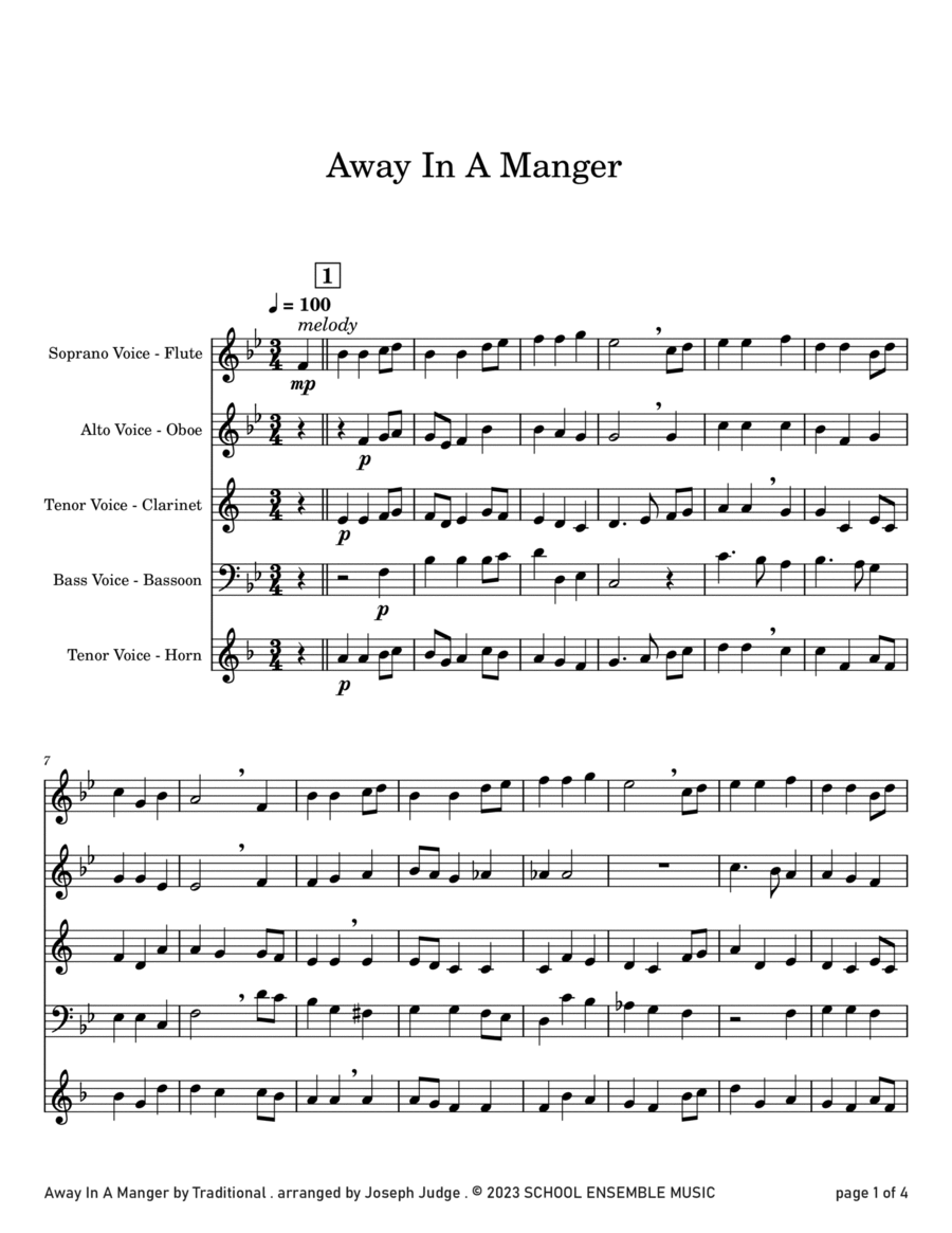 Away In A Manger for Woodwind Quartet in Schools Woodwind Quartet scores gallery preview page 1