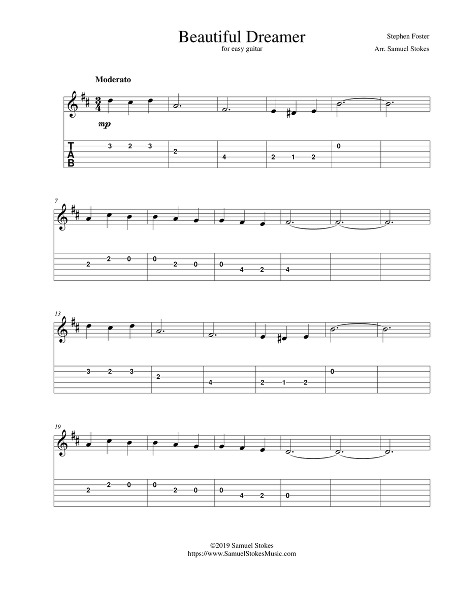 Beautiful Dreamer - for easy guitar with TAB Acoustic Guitar scores gallery preview page 1
