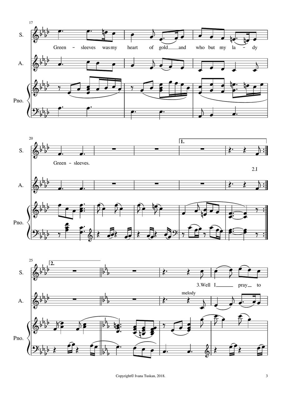 Greensleeves, for SA, and piano, F minor SA scores gallery preview page 3