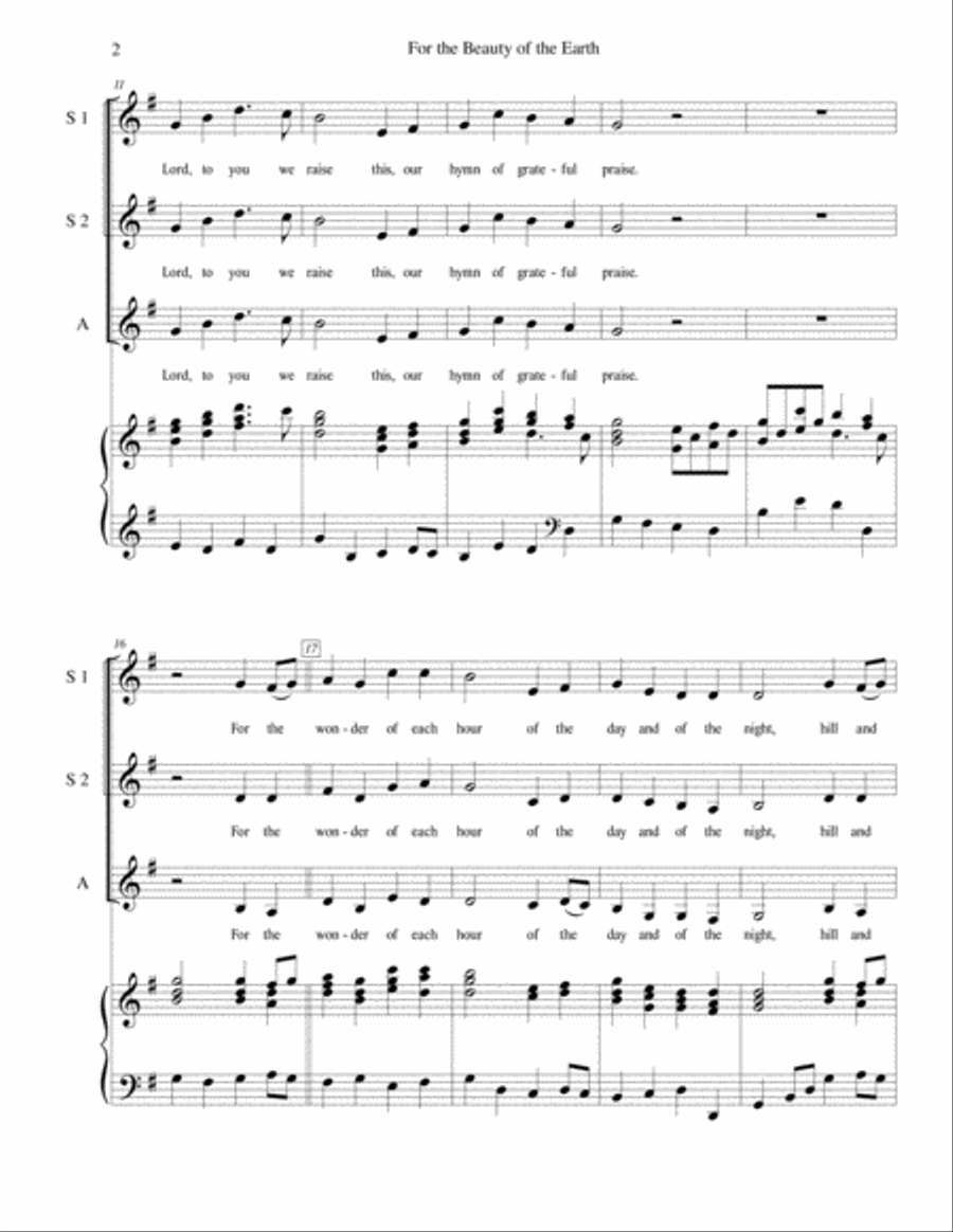 For the Beauty of the Earth - SSA choir with piano accompaniment SSA scores gallery preview page 2