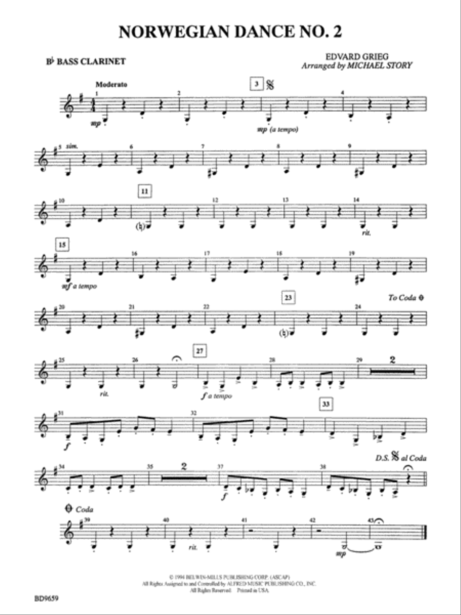 Norwegian Dance No. 2: B-flat Bass Clarinet Concert Band scores gallery preview page 1