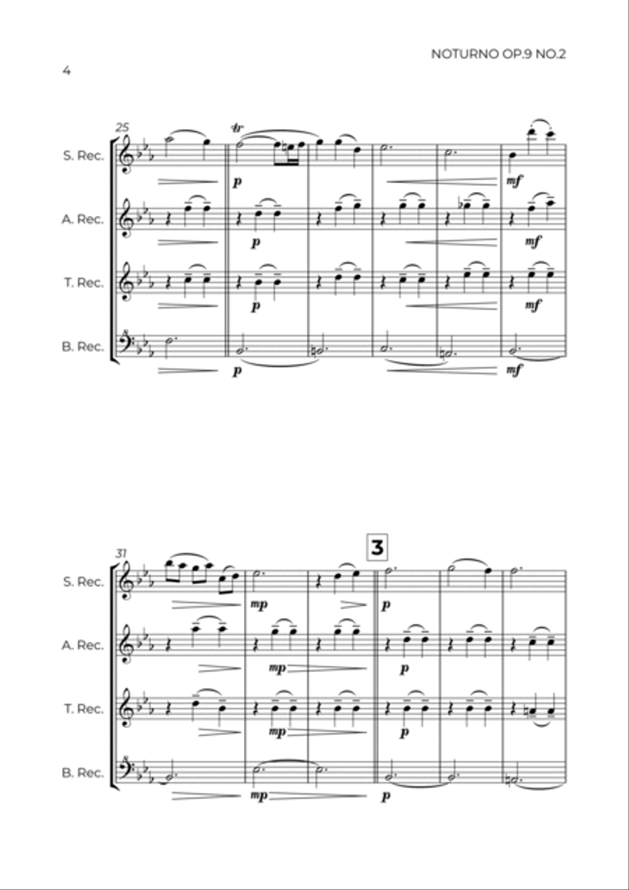 NOTURNO OP.9 NO.2 - CHOPIN – RECORDER QUARTET Woodwind Ensemble scores gallery preview page 4