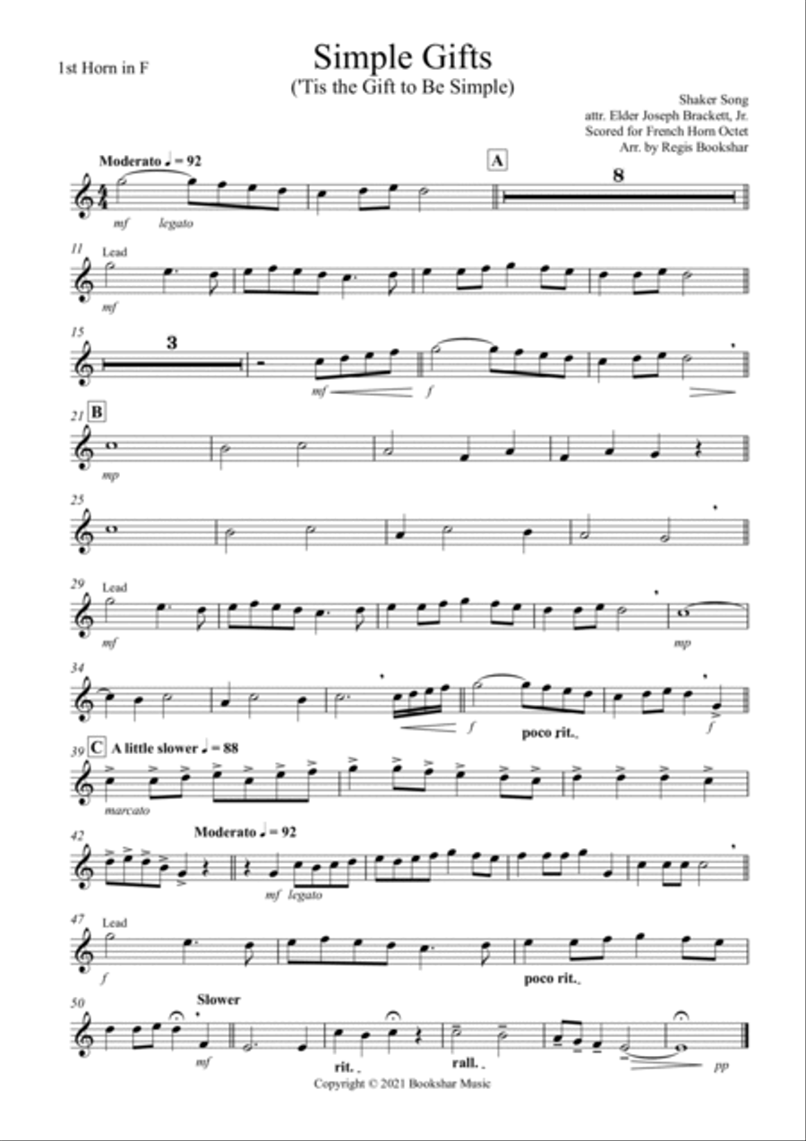 Simple Gifts ('Tis the Gift to Be Simple) (F) (French Horn Octet) Brass Ensemble scores gallery preview page 6