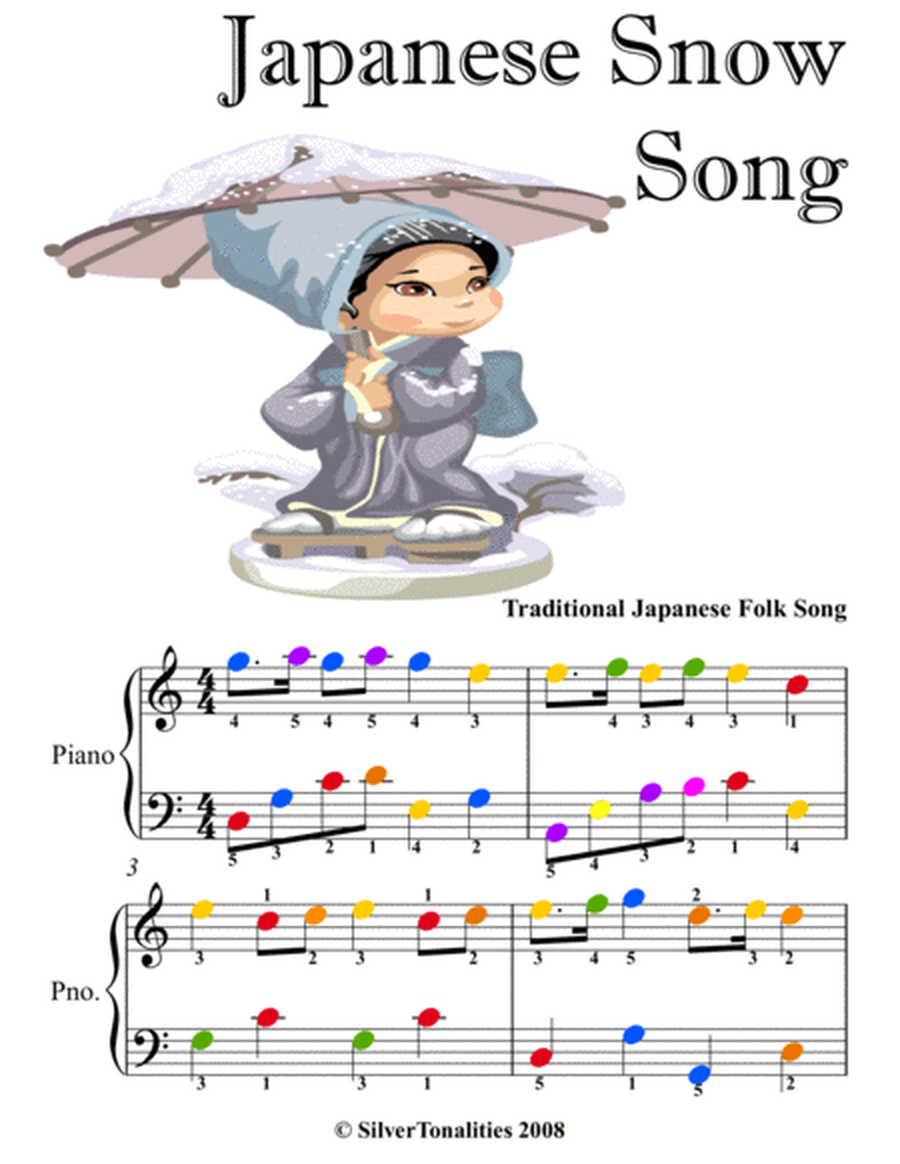Yuki Japanese Snow Song Easy Piano Sheet Music with Colored Notation